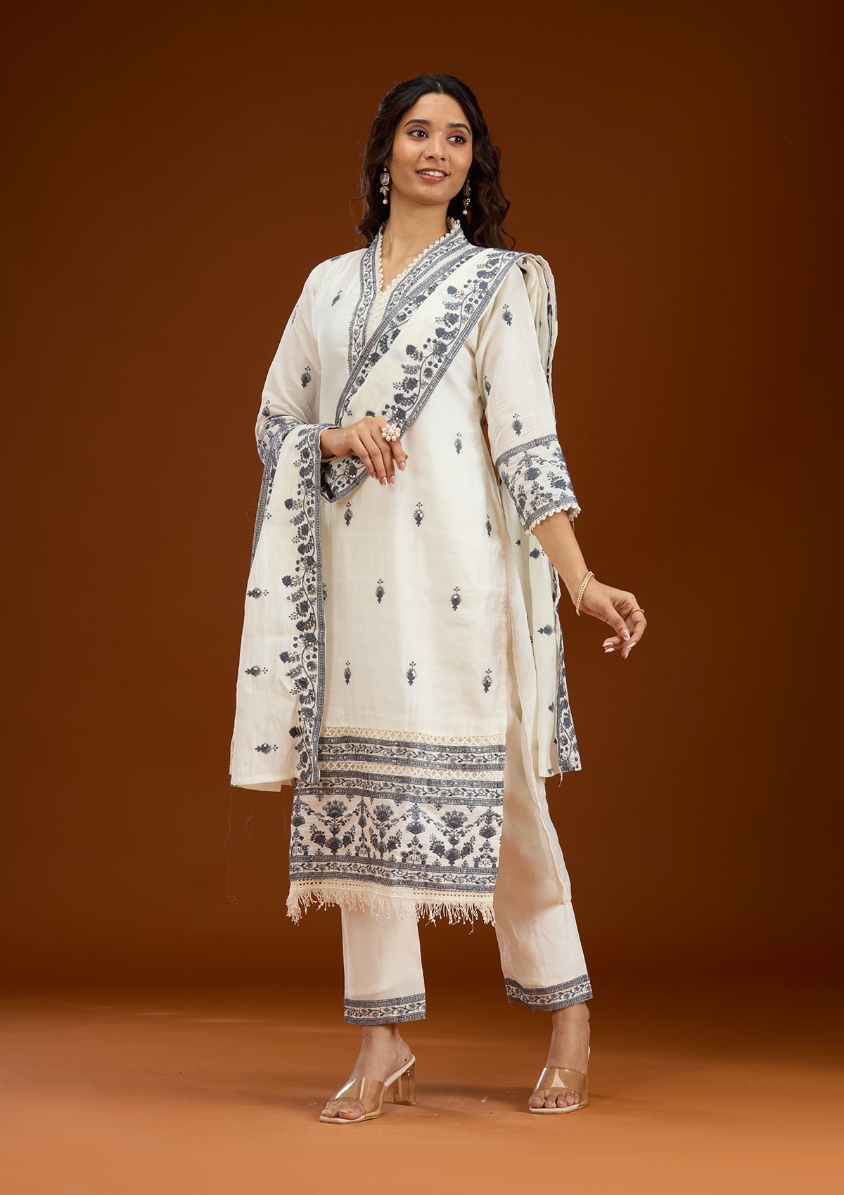 Cream Threadwork Semi Crepe Readymade Salwar Suit