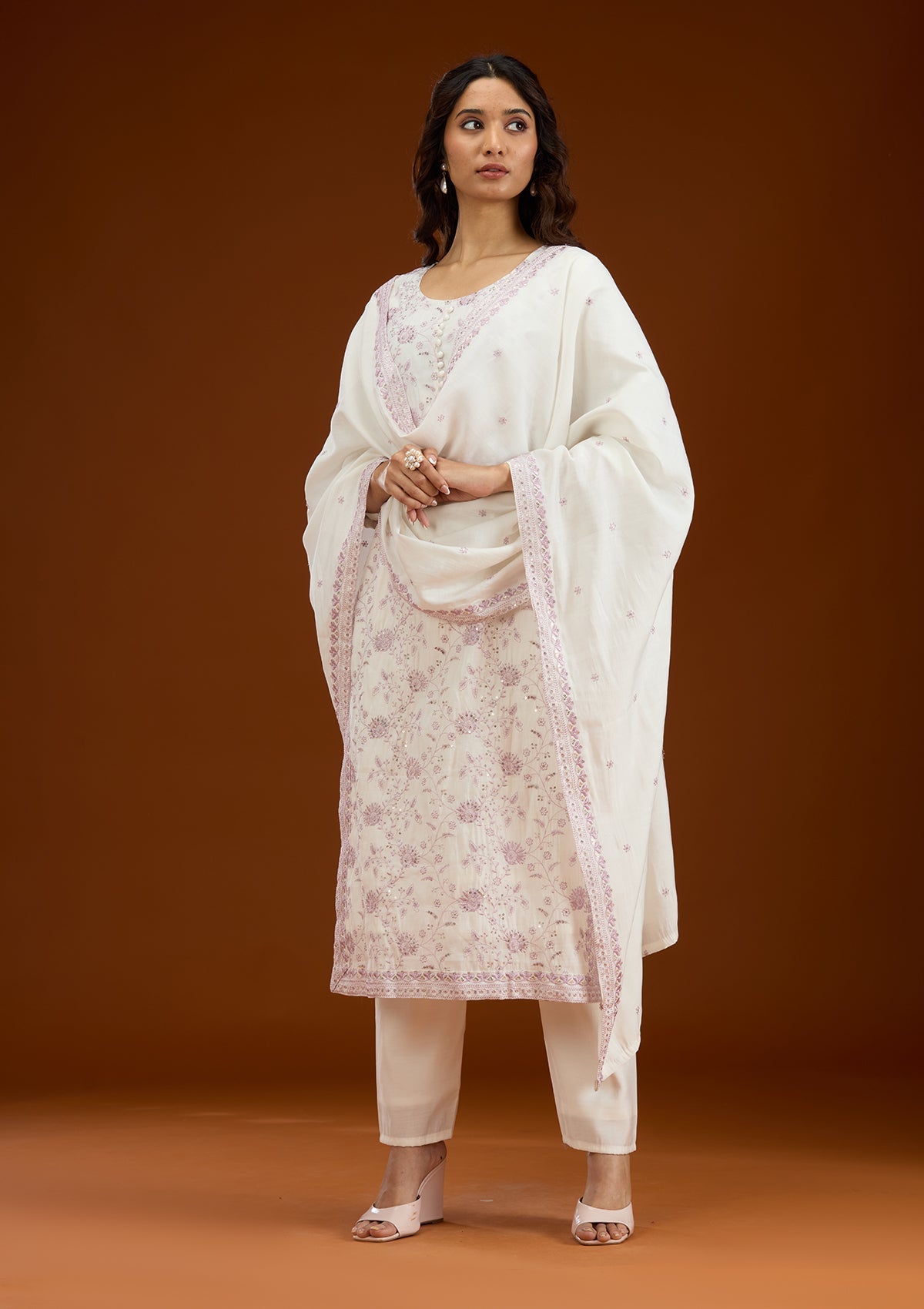 Cream Threadwork Semi Crepe Readymade Salwar Suit