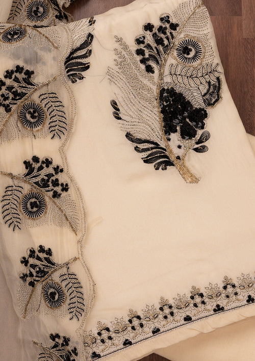 Cream Threadwork Semi Crepe Unstitched Salwar Suit