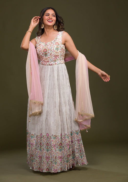 Cream Zariwork Art Silk Readymade Salwar Suit