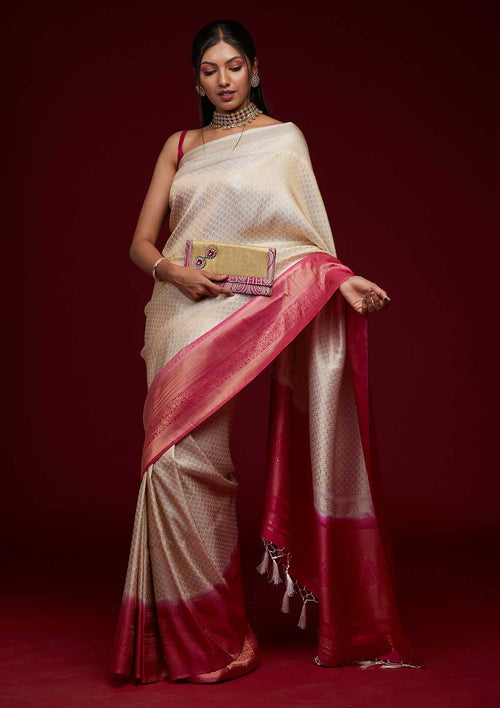 Cream Zari Work Brocade Saree