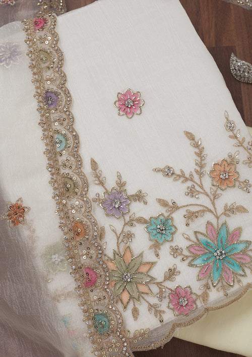 Cream Zariwork Semi Crepe Unstitched Salwar Suit