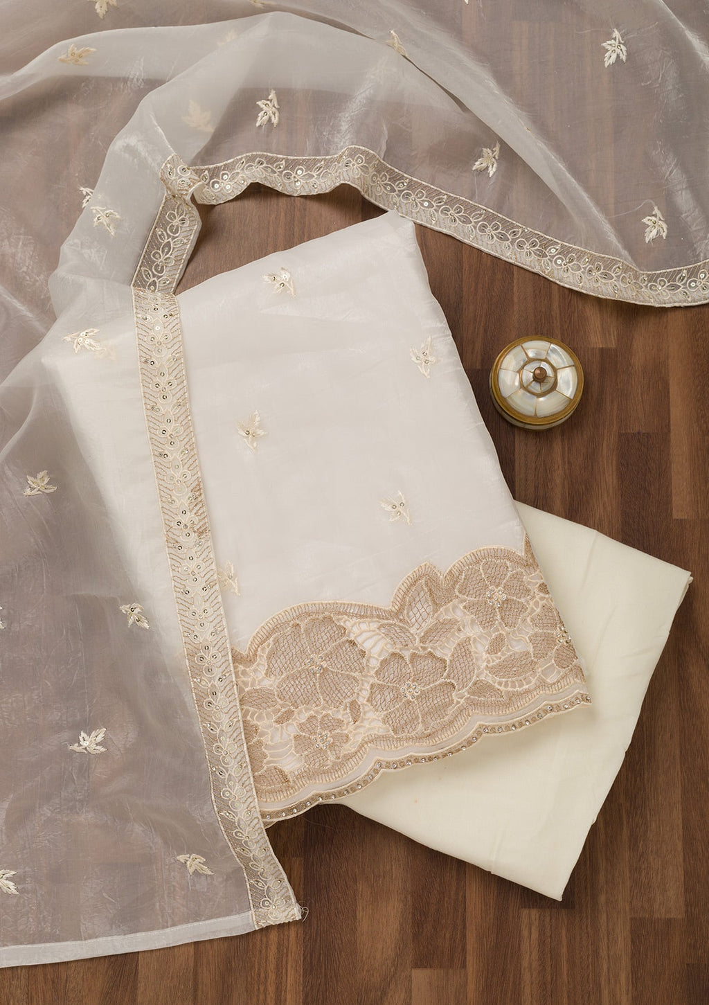 Cream Zariwork Semi Crepe Unstitched Salwar Suit