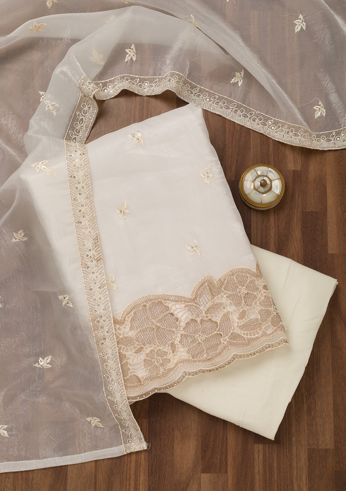 Cream Zariwork Semi Crepe Unstitched Salwar Suit