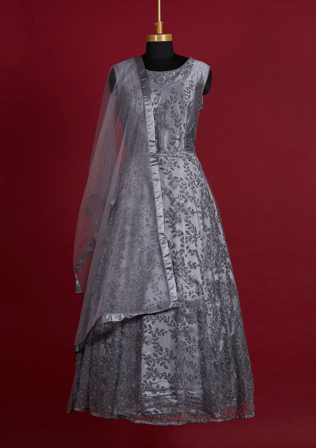 Dark Grey Glitter Net Designer Gown