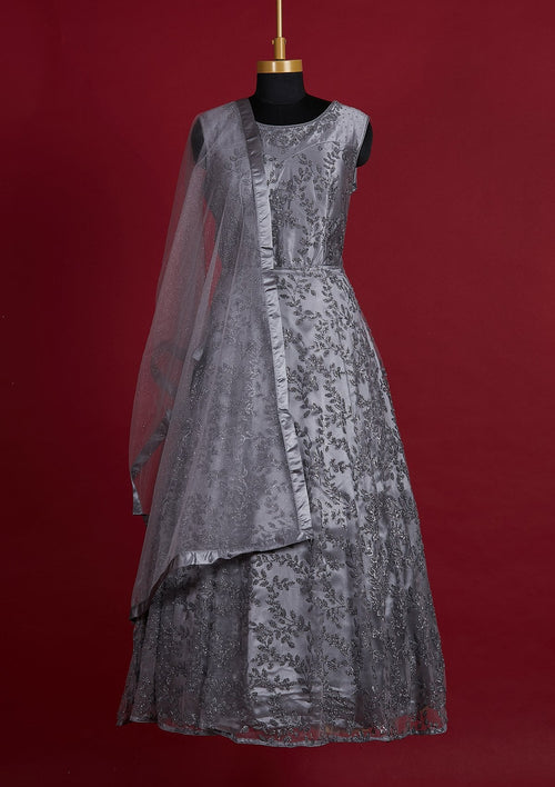 Dark Grey Glitter Net Designer Gown