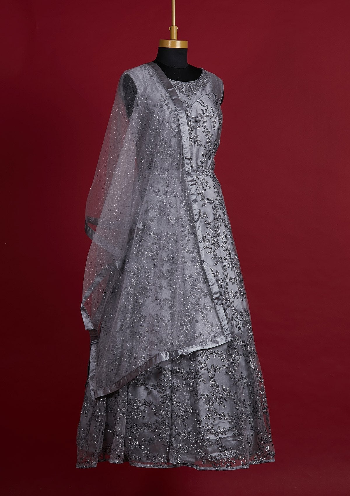 Dark Grey Glitter Net Designer Gown
