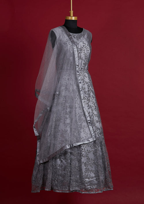 Dark Grey Glitter Net Designer Gown