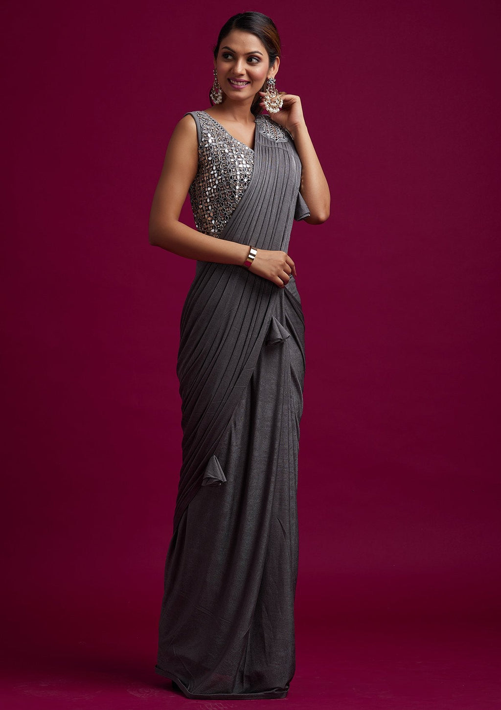 Dark Grey Mirrorwork Lycra Designer Saree