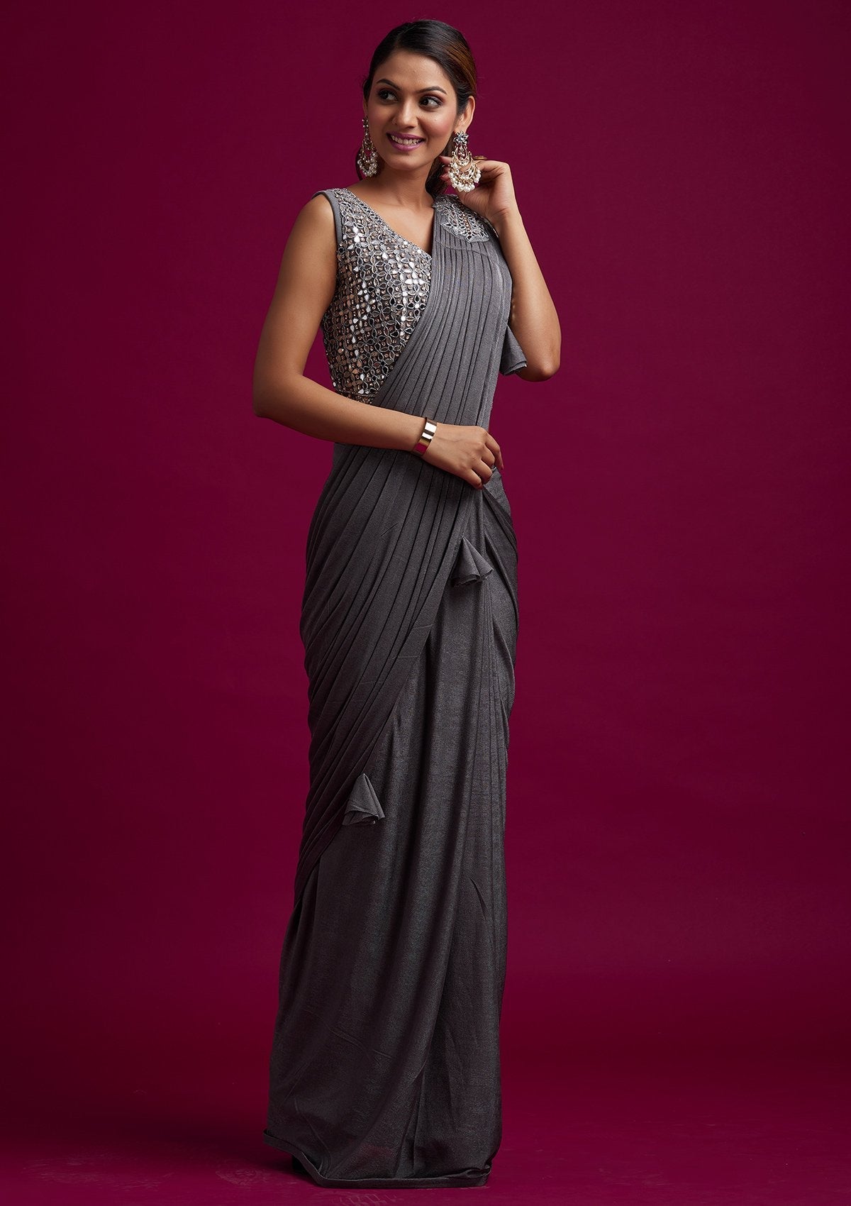 Dark Grey Mirrorwork Lycra Designer Saree