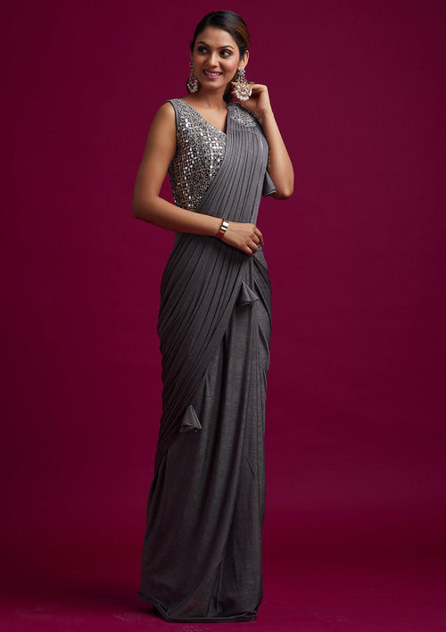 Dark Grey Mirrorwork Lycra Designer Saree