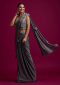 Dark Grey Mirrorwork Lycra Designer Saree