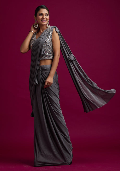 Dark Grey Mirrorwork Lycra Designer Saree