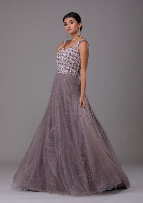 Dark Grey Sequins Net Designer Gown