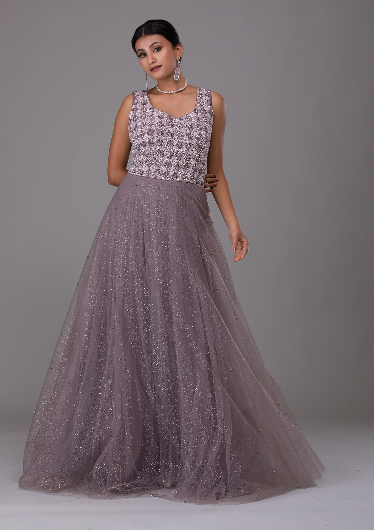 Dark Grey Sequins Net Designer Gown