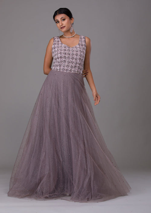 Dark Grey Sequins Net Designer Gown
