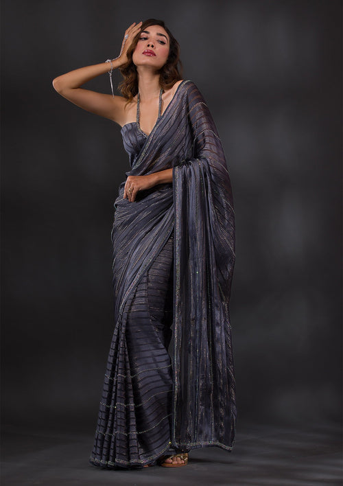 Dark Grey Swarovski Georgette Designer Saree