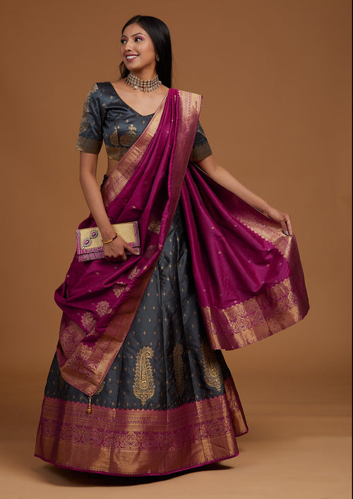Dark Grey Zariwork Brocade Semi Stitched Lehenga