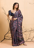 Dark Grey Floral Printed Semi Crepe Designer Saree
