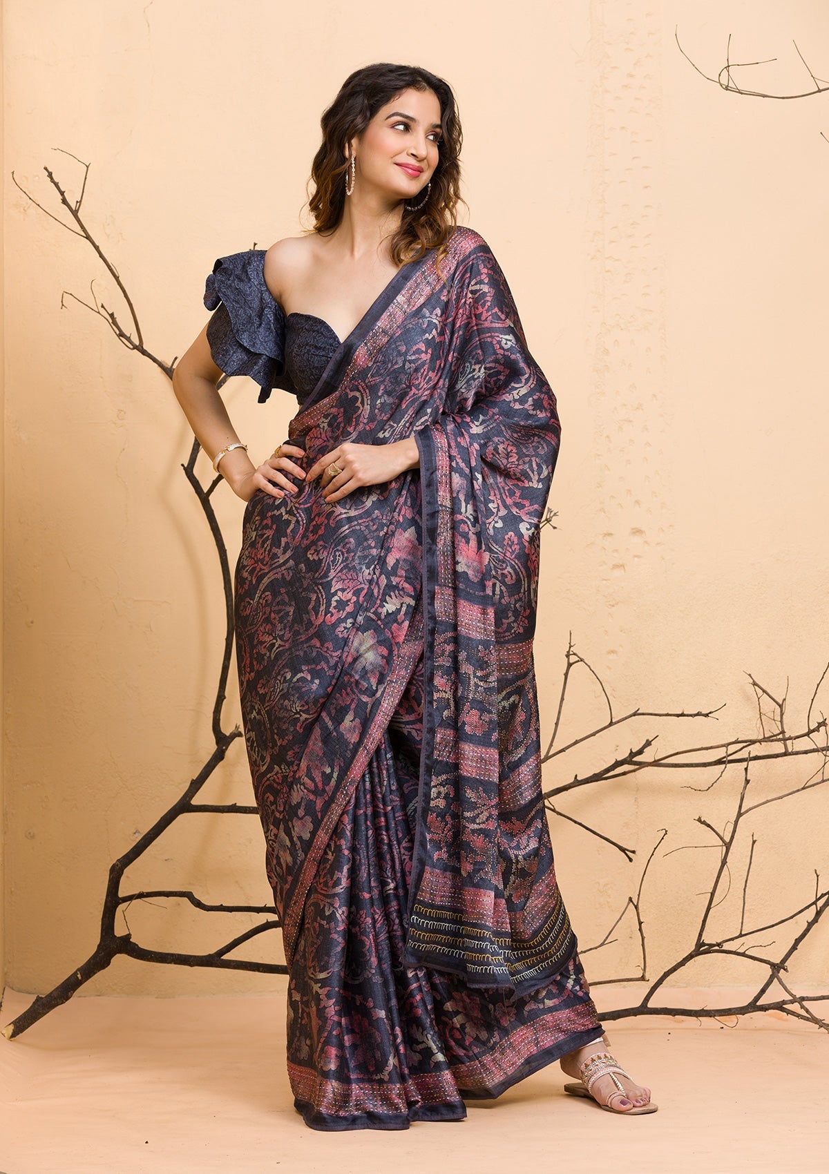 Dark Grey Floral Printed Semi Crepe Designer Saree