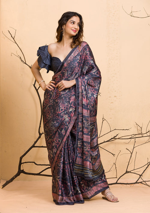 Dark Grey Floral Printed Semi Crepe Designer Saree