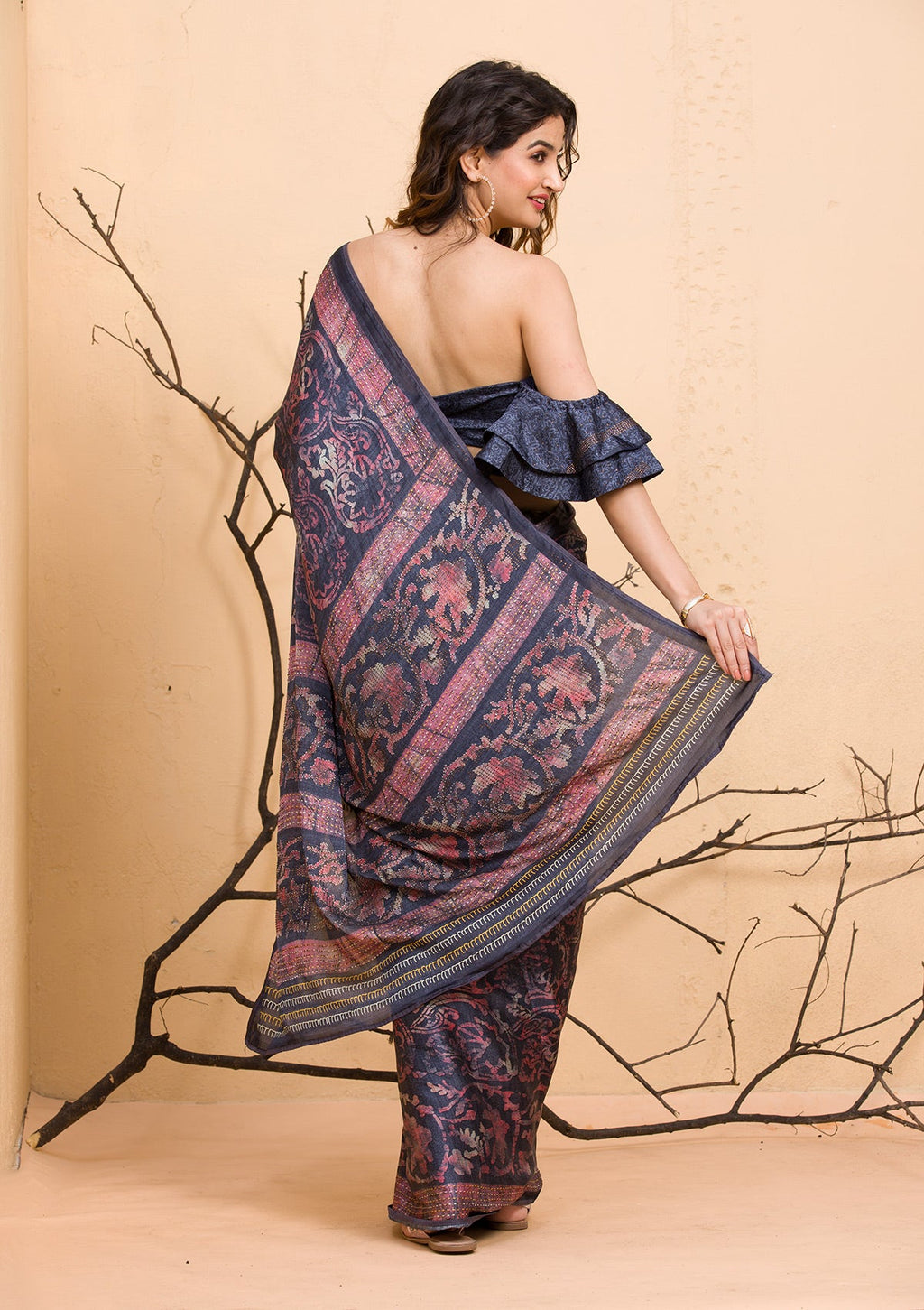 Dark Grey Floral Printed Semi Crepe Designer Saree