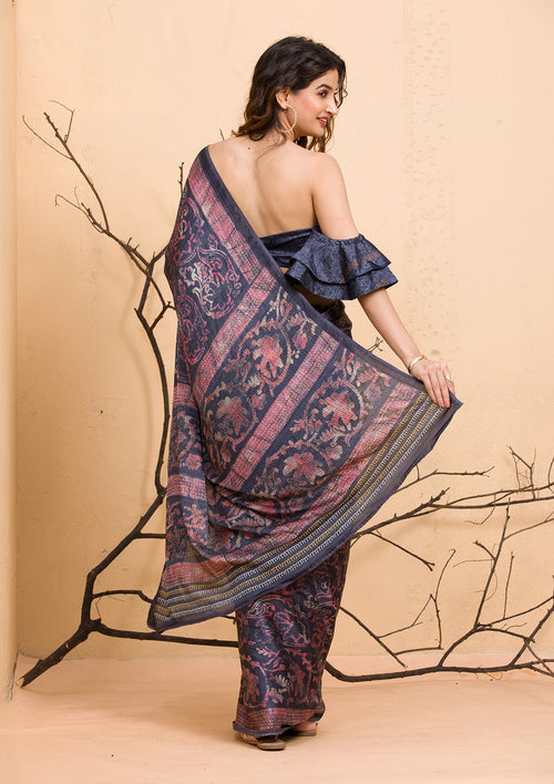 Dark Grey Floral Printed Semi Crepe Designer Saree