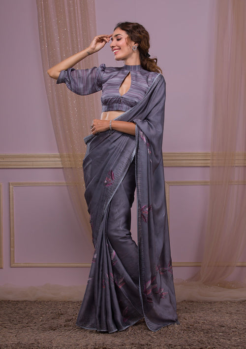 Dark Grey Printed Semi Crepe Designer Saree