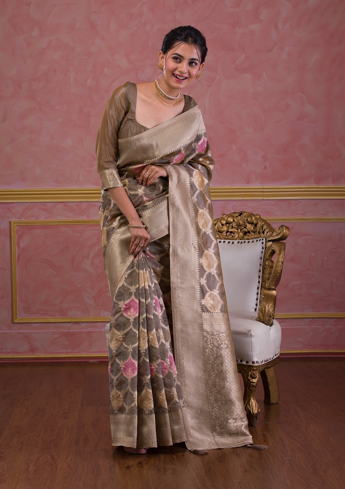 Dark Grey Swarovski Brocade Saree