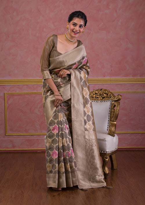 Dark Grey Swarovski Brocade Saree