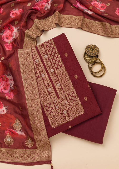 Dark Maroon Zariwork Semi Crepe Unstitched Salwar Suit