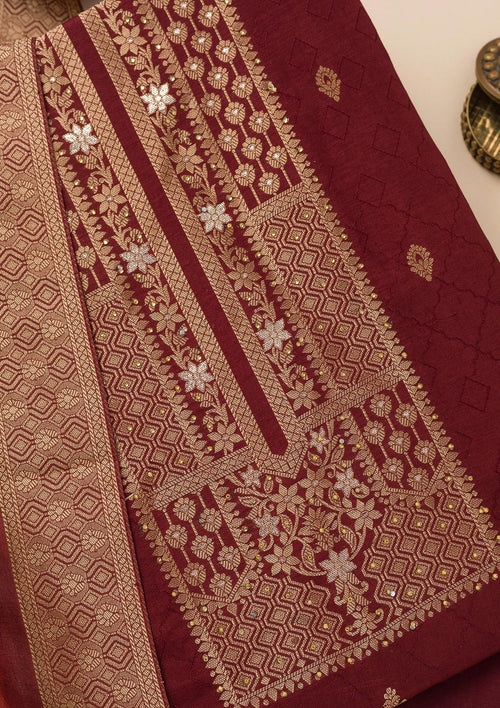 Dark Maroon Zariwork Semi Crepe Unstitched Salwar Suit
