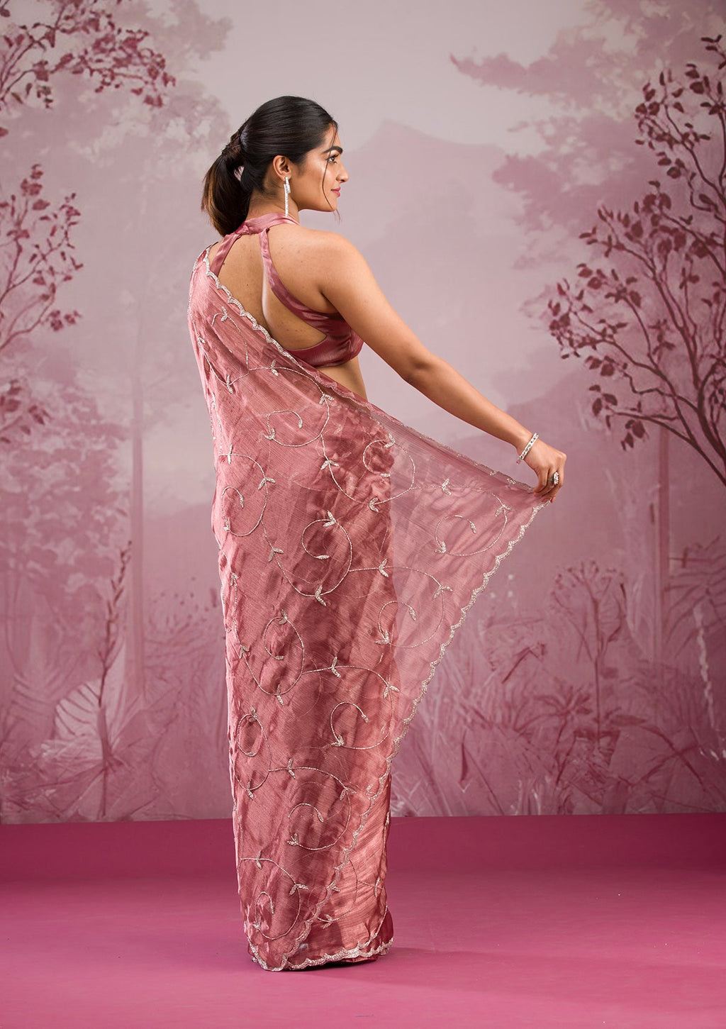 Onion Pink Cutdana Organza Saree