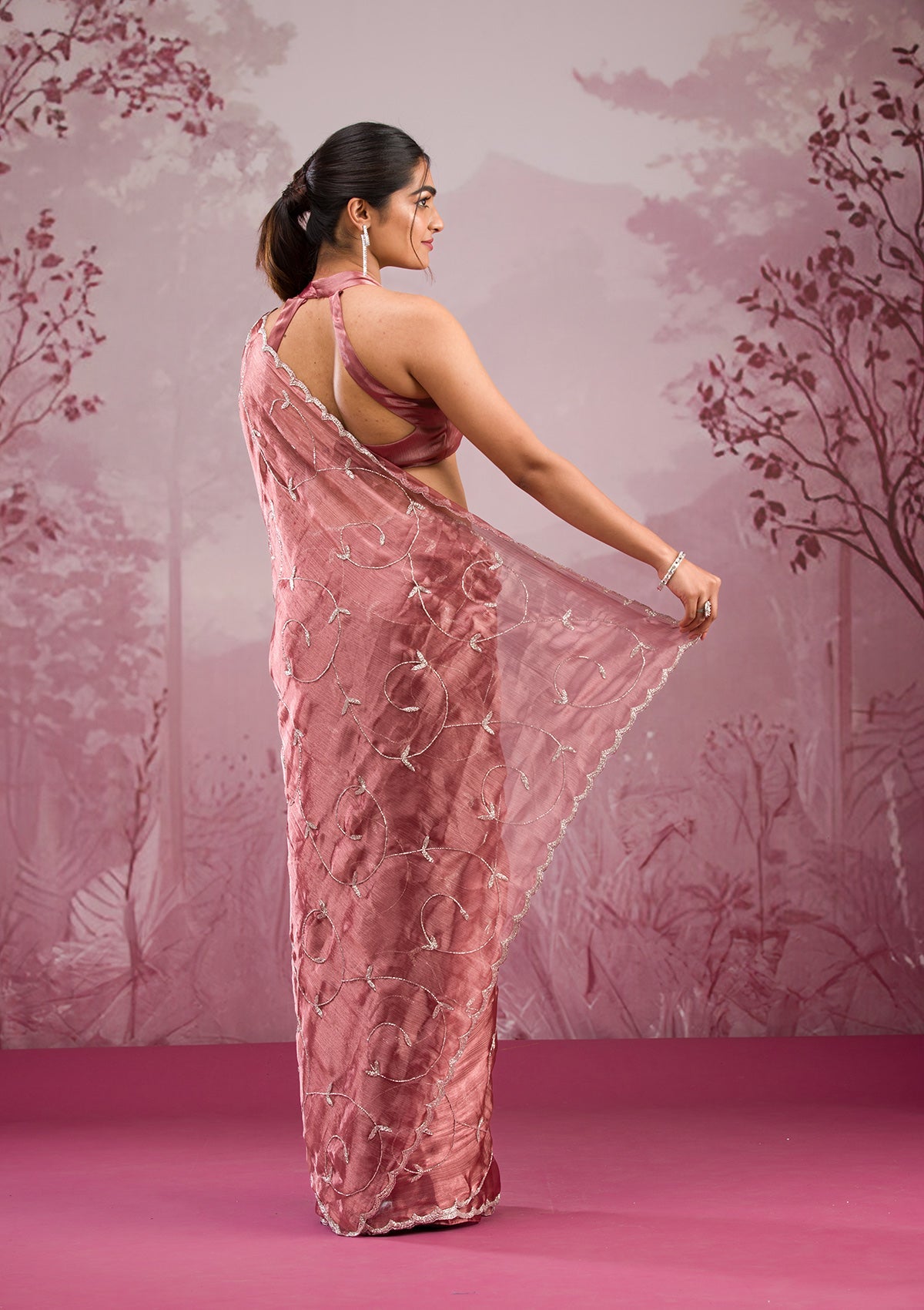 Onion Pink Cutdana Organza Saree