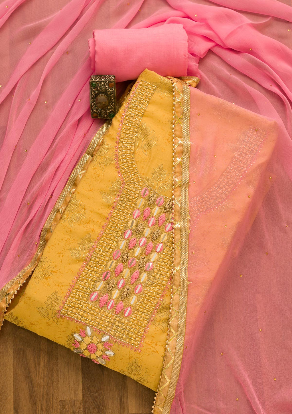 Gold Cutdana Semi Crepe Unstitched Salwar Suit