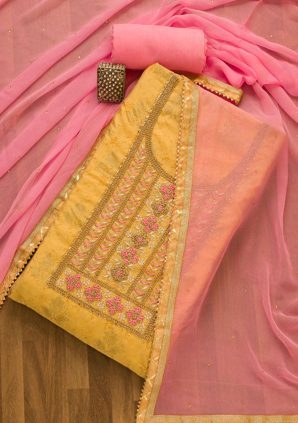 Gold Pearlwork Poly Chanderi Unstitched Salwar Suit
