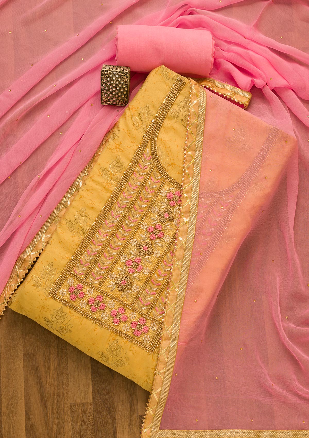 Gold Pearlwork Poly Chanderi Unstitched Salwar Suit