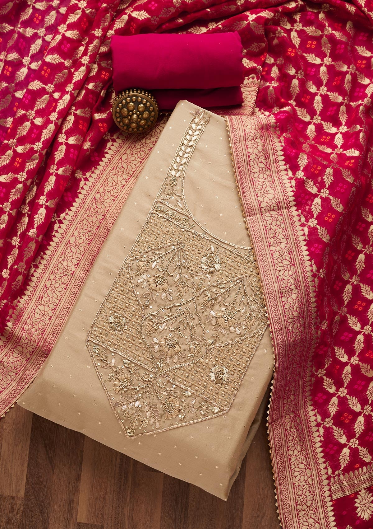 Gold Sequins Chanderi Unstitched Salwar Suit