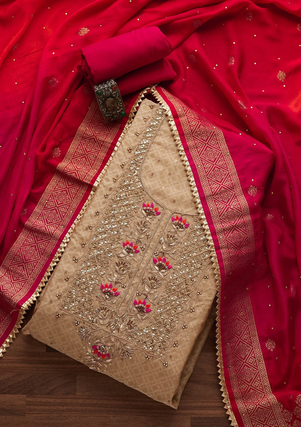Gold Sequins Chanderi Unstitched Salwar Suit