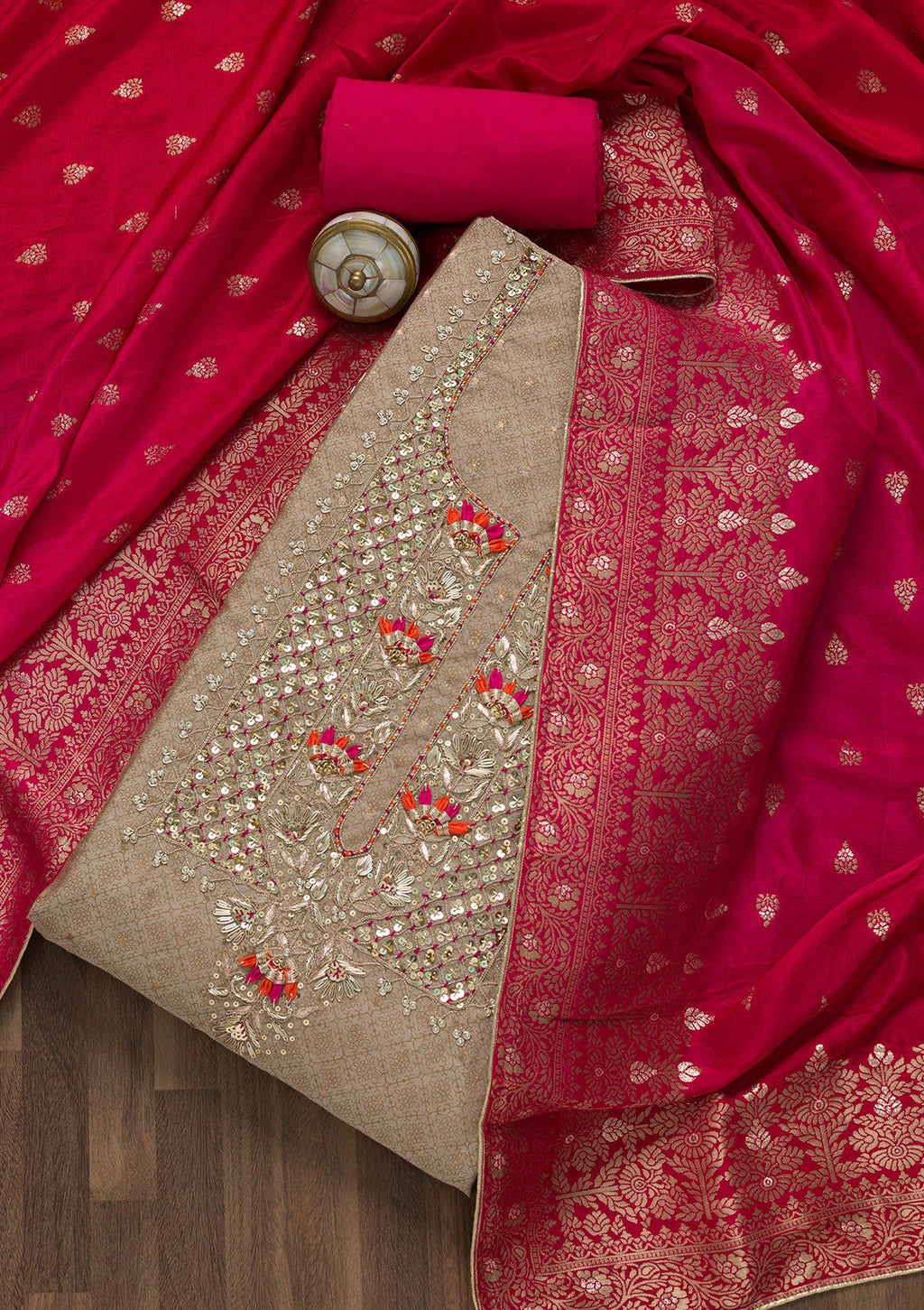 Gold Sequins Semi Crepe Unstitched Salwar Suit