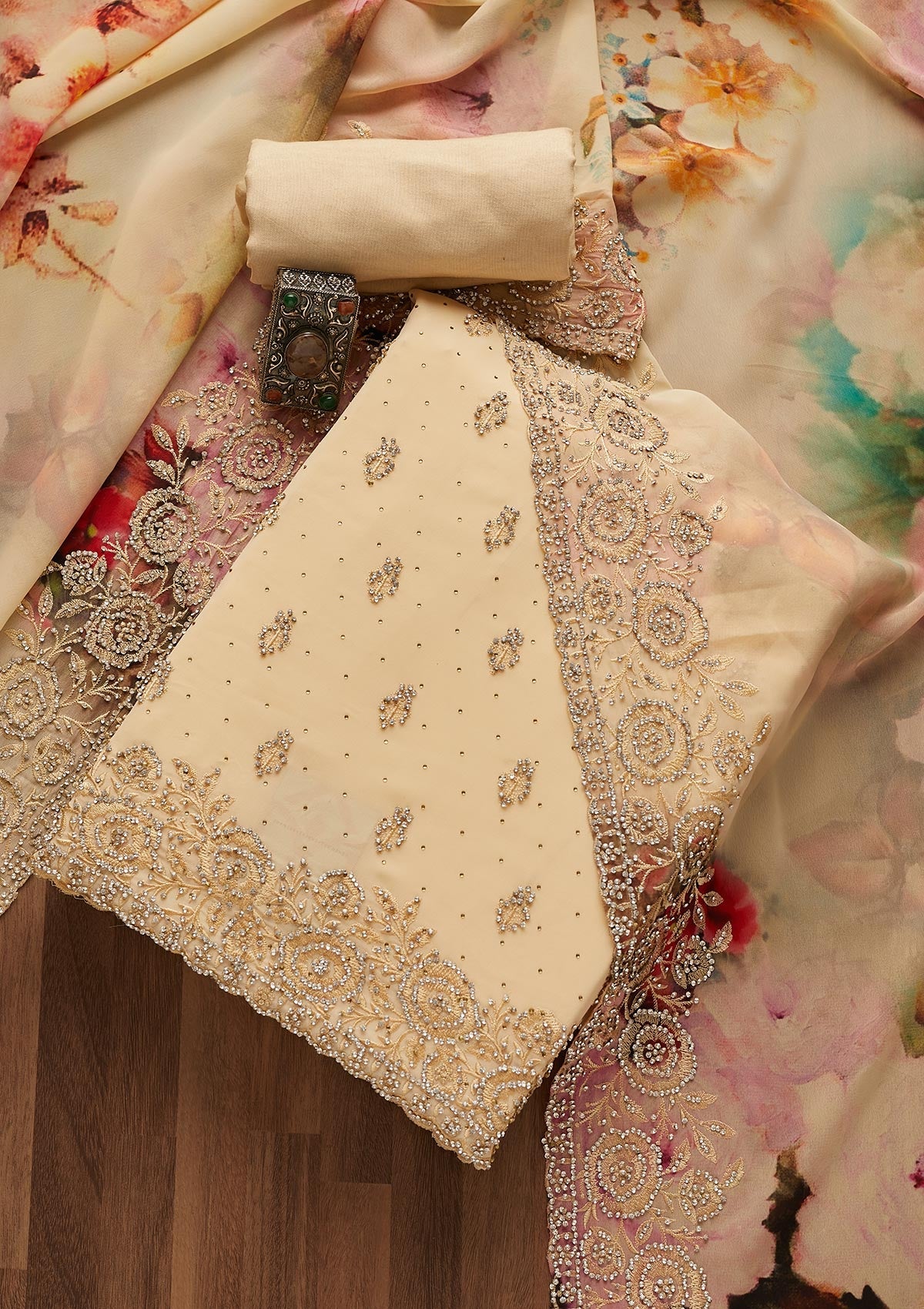 Gold Stonework Georgette Unstitched Salwar Suit