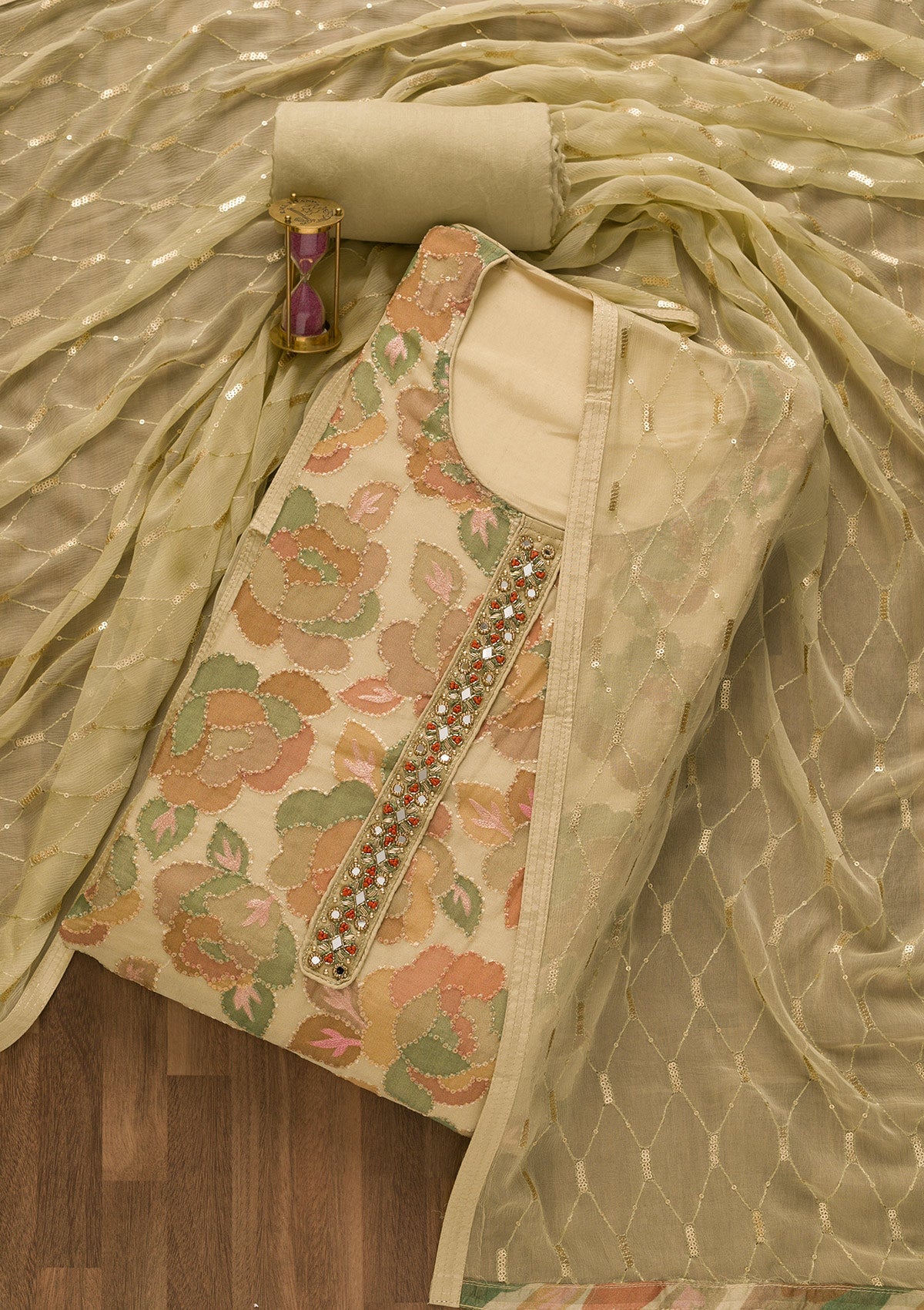 Gold Mirrorwork Georgette Unstitched Salwar Suit