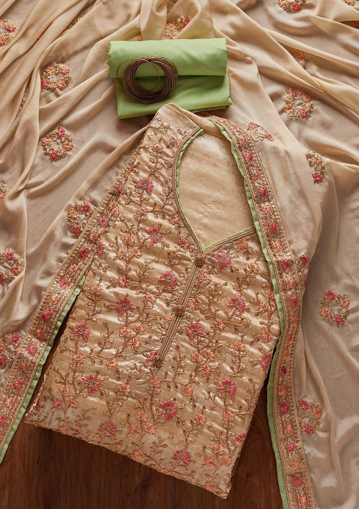 Gold Zariwork Art Silk Unstitched Salwar Suit