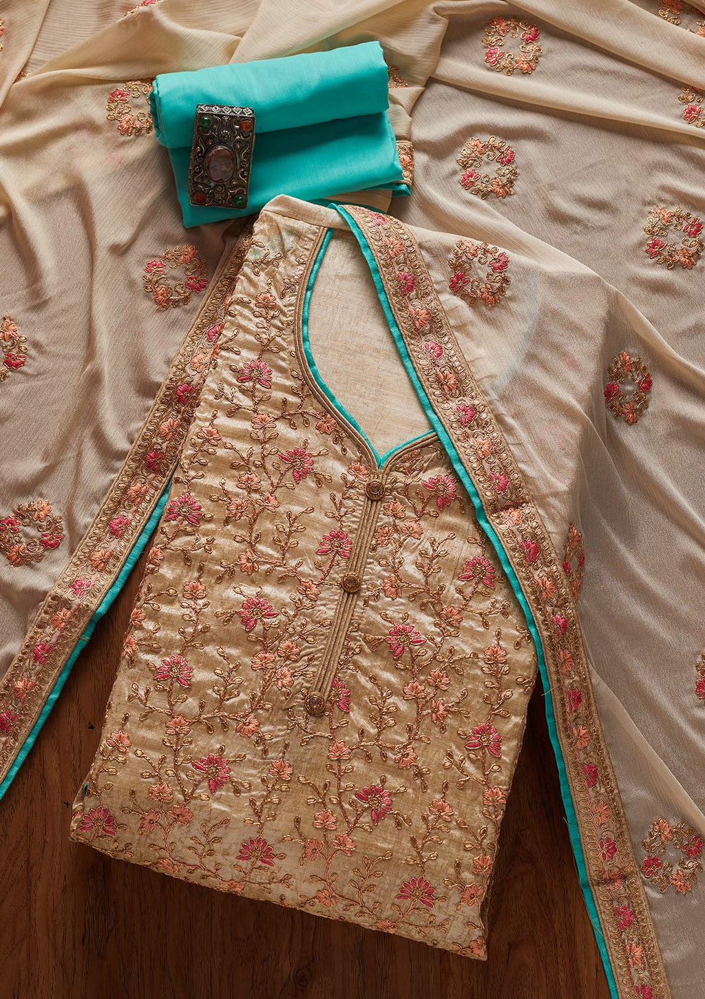 Gold Zariwork Art Silk Unstitched Salwar Suit