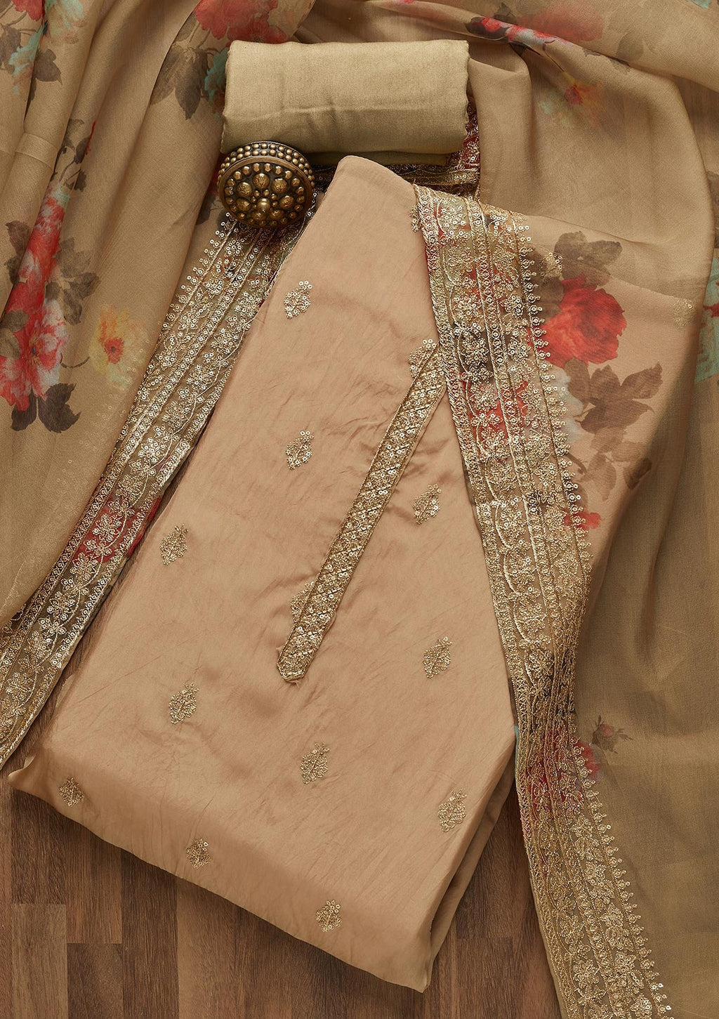 Gold Zariwork Chanderi Unstitched Salwar Suit