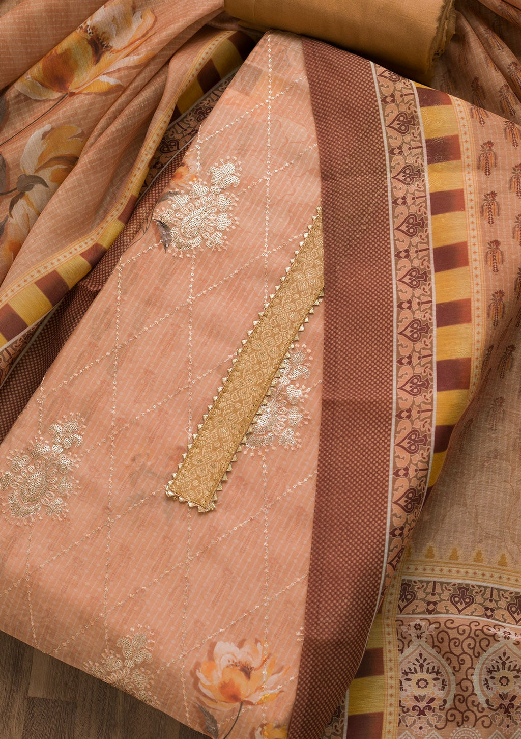 Gold Zariwork Chanderi Unstitched Salwar Suit