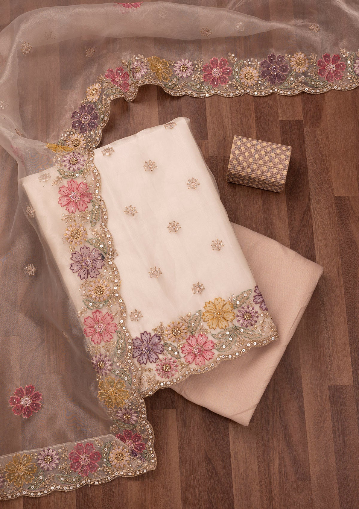 Gold Zariwork Semi Crepe Unstitched Salwar Suit
