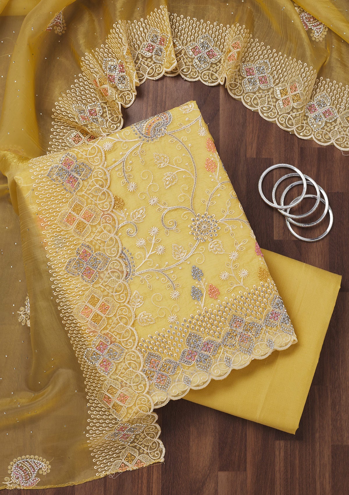 Lemon Yellow Zariwork Semi Crepe Unstitched Salwar Suit