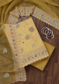 Lemon Yellow Zariwork Semi Crepe Unstitched Salwar Suit