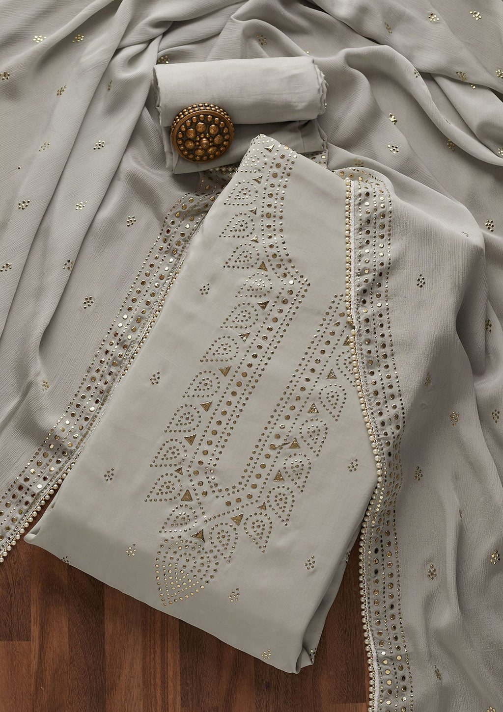 Grey Gotapatti Semi Crepe Unstitched Salwar Suit